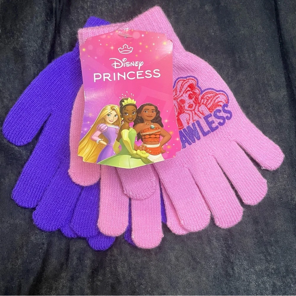 DISNEY PRINCESS Girls Winter Gloves 2 pair lot Pink Purple Knit NWT